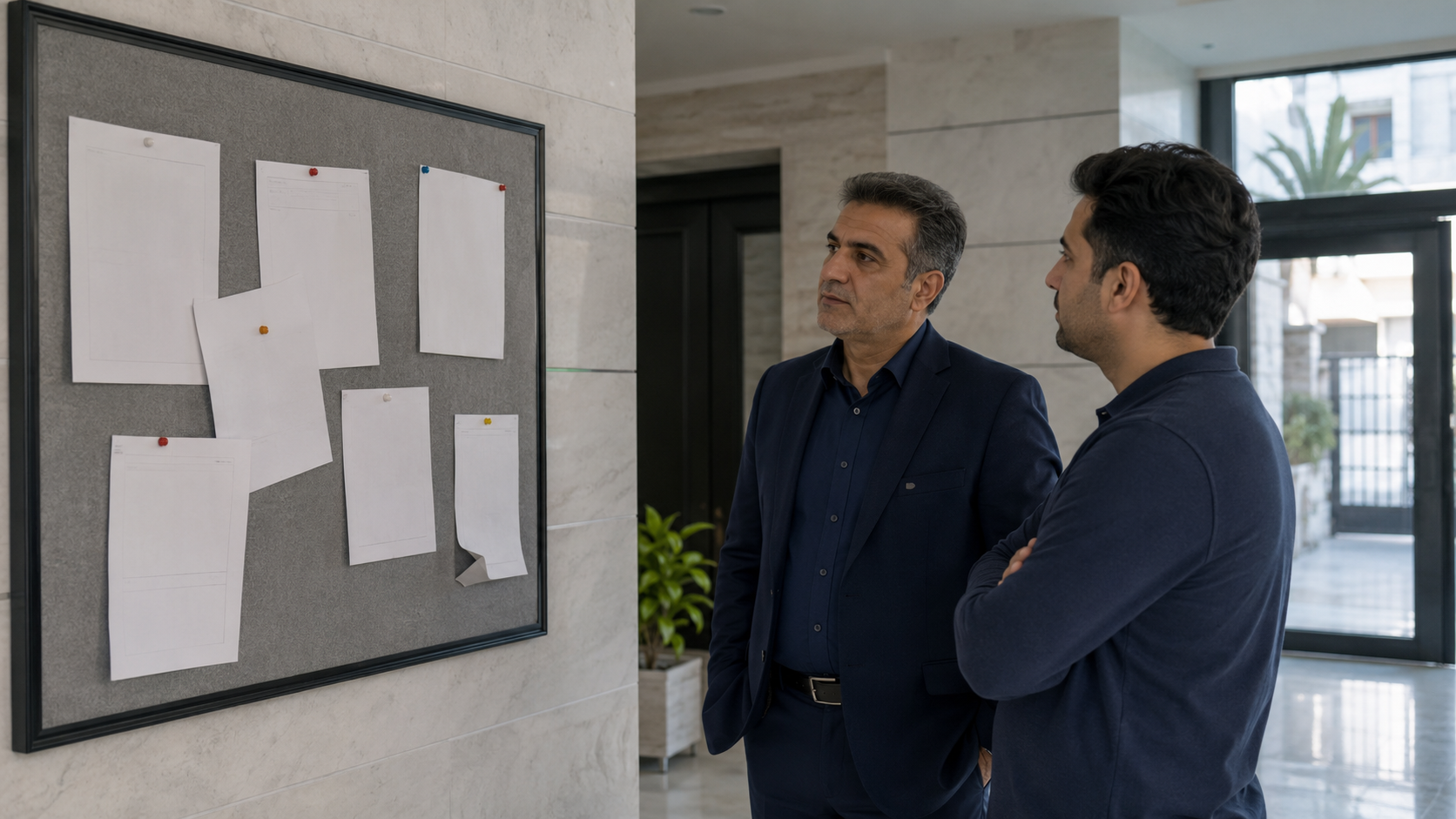 Men reviewing notices in modern lobby
