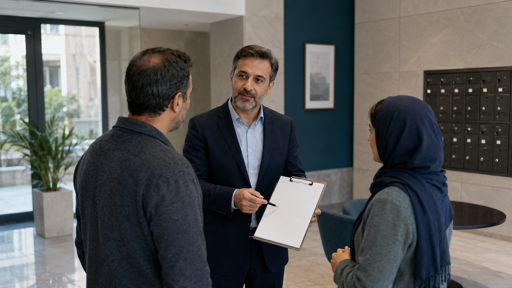 Office meeting in a modern lobby