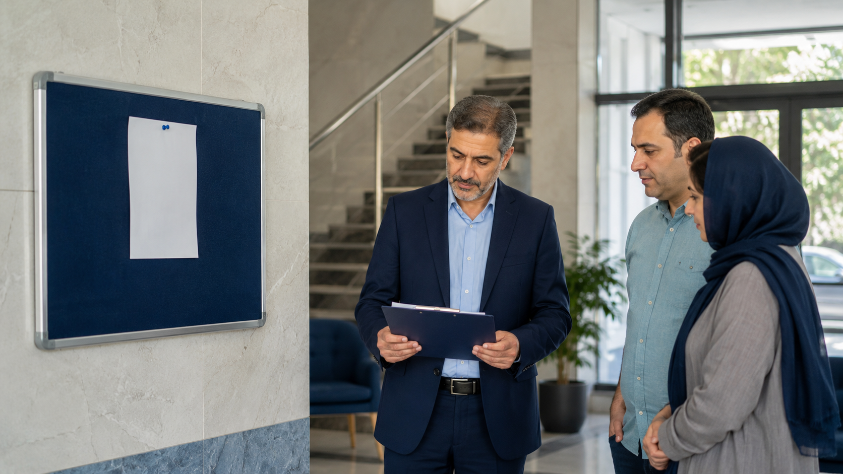 Modern office discussion in a lobby