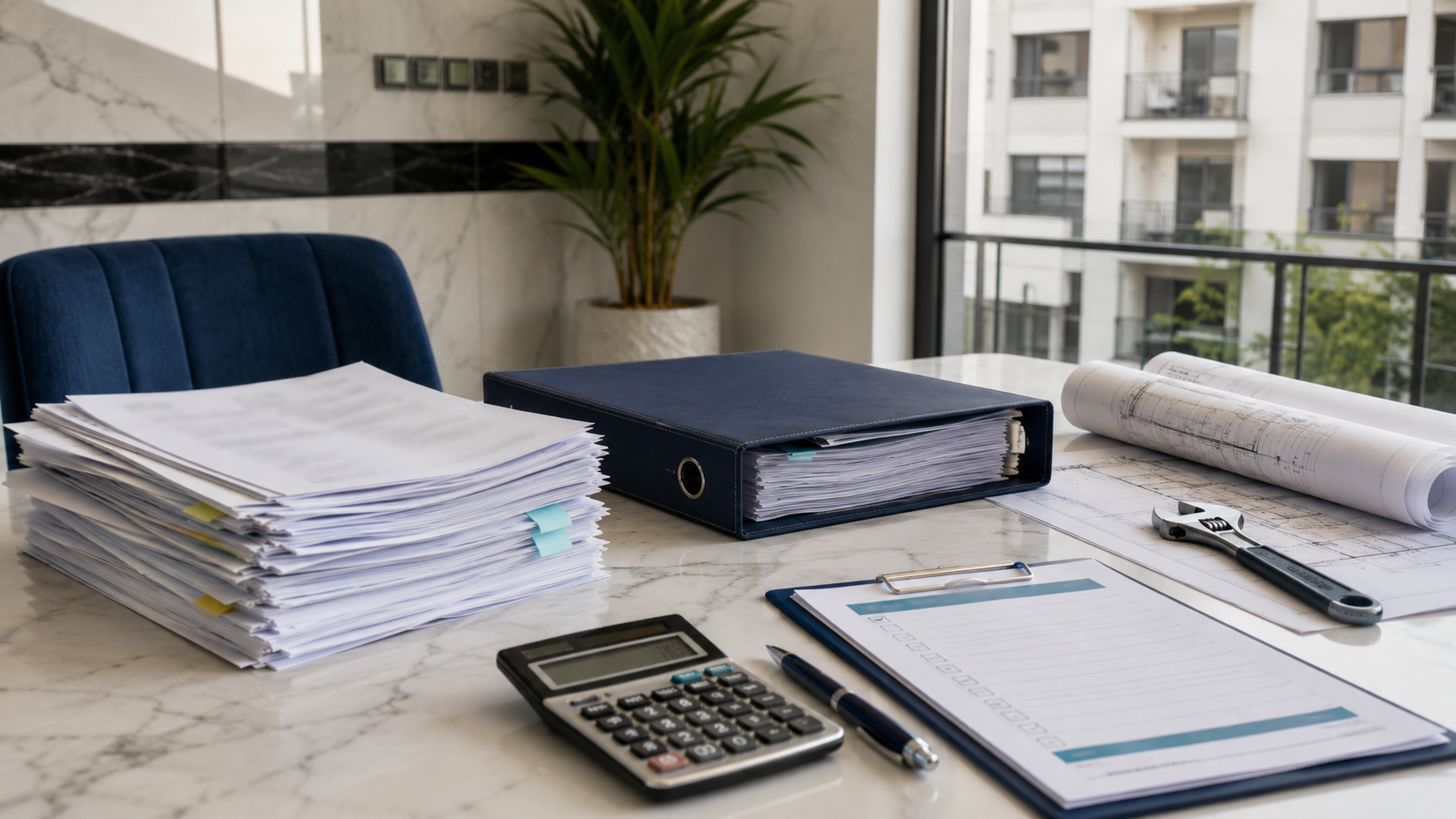Modern Office Tabletop with Blueprints