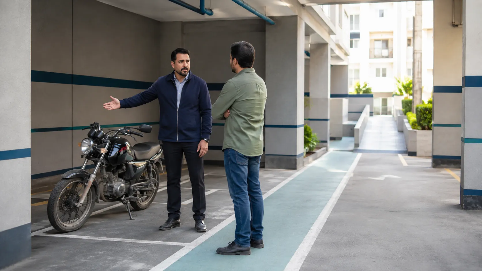 Parking Garage Conversation by Motorcycle