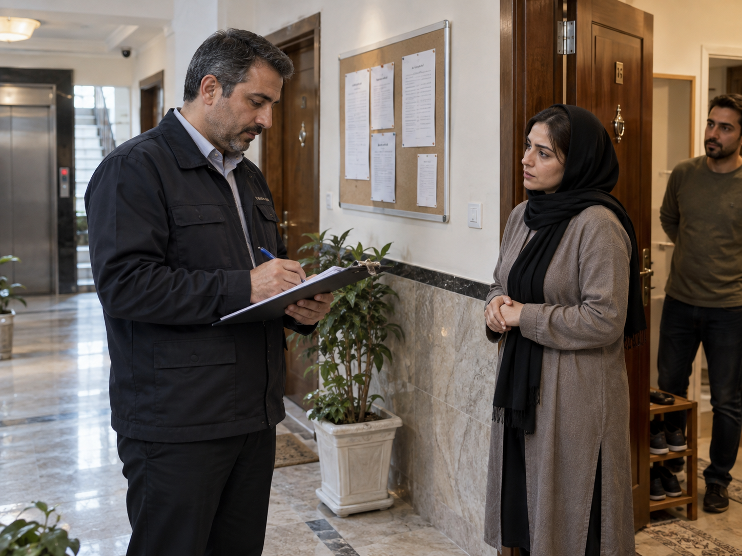 مدیر ساختمان در حال ثبت و پیگیری گزارش مزاحمت صوتی